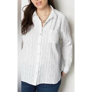 J. Jill White Textured Button-Front Pattern Cotton Blouse Size Small